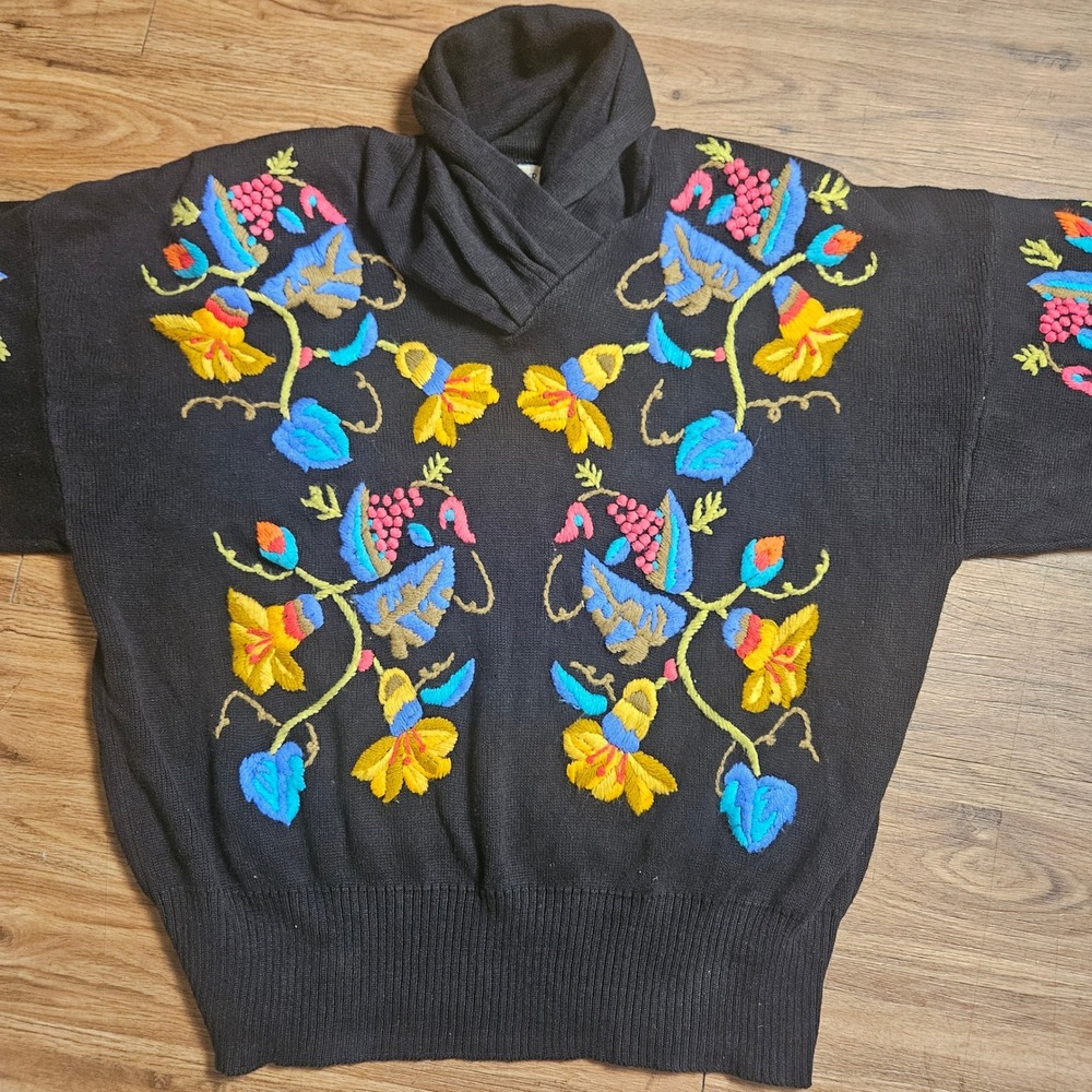 Vintage 80s Bonnie Boerer Floral Embroidered Knit Shawl Neck Sweater L Statement - Picture 5 of 7